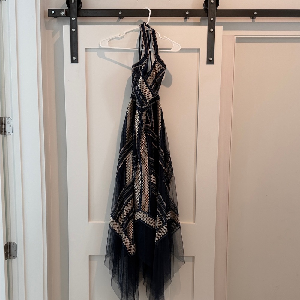 BCBGMaxAzria Navy and Cream Asymmetrical Halter Dress